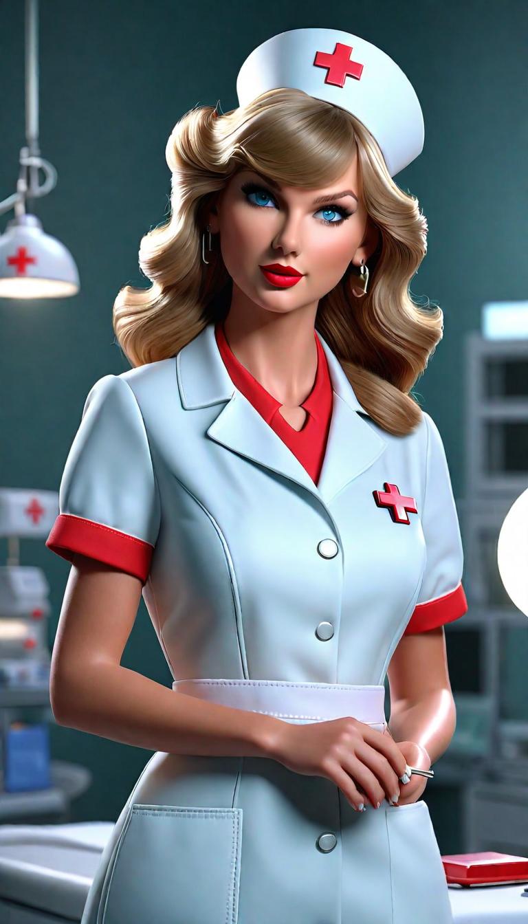  Professional 3D model of Taylor Swift as a nurse . Rendered with Octane, the model is highly detailed,dramatic lighting. hyperrealistic, full body, detailed clothing, highly detailed, cinematic lighting, stunningly beautiful, intricate, sharp focus, f/1. 8, 85mm, (centered image composition), (professionally color graded), ((bright soft diffused light)), volumetric fog, trending on instagram, trending on tumblr, HDR 4K, 8K