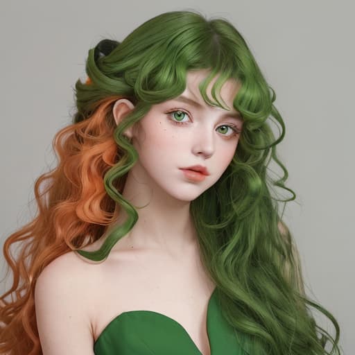  A girl with long hair curl leaves green and orange