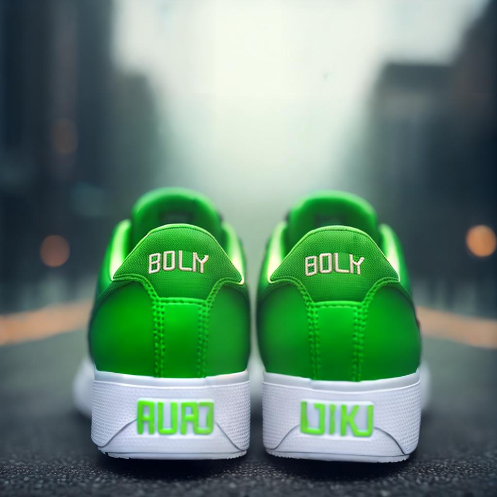  Women's sneakers, green color, beautiful girl, BUFU inscription ,highly detailed, cinematic lighting, stunningly beautiful, intricate, sharp focus, f1. 8, 85mm, (centered image composition), (professionally color graded), ((bright soft diffused light)), volumetric fog, trending on instagram, trending on tumblr, HDR 4K, 8K