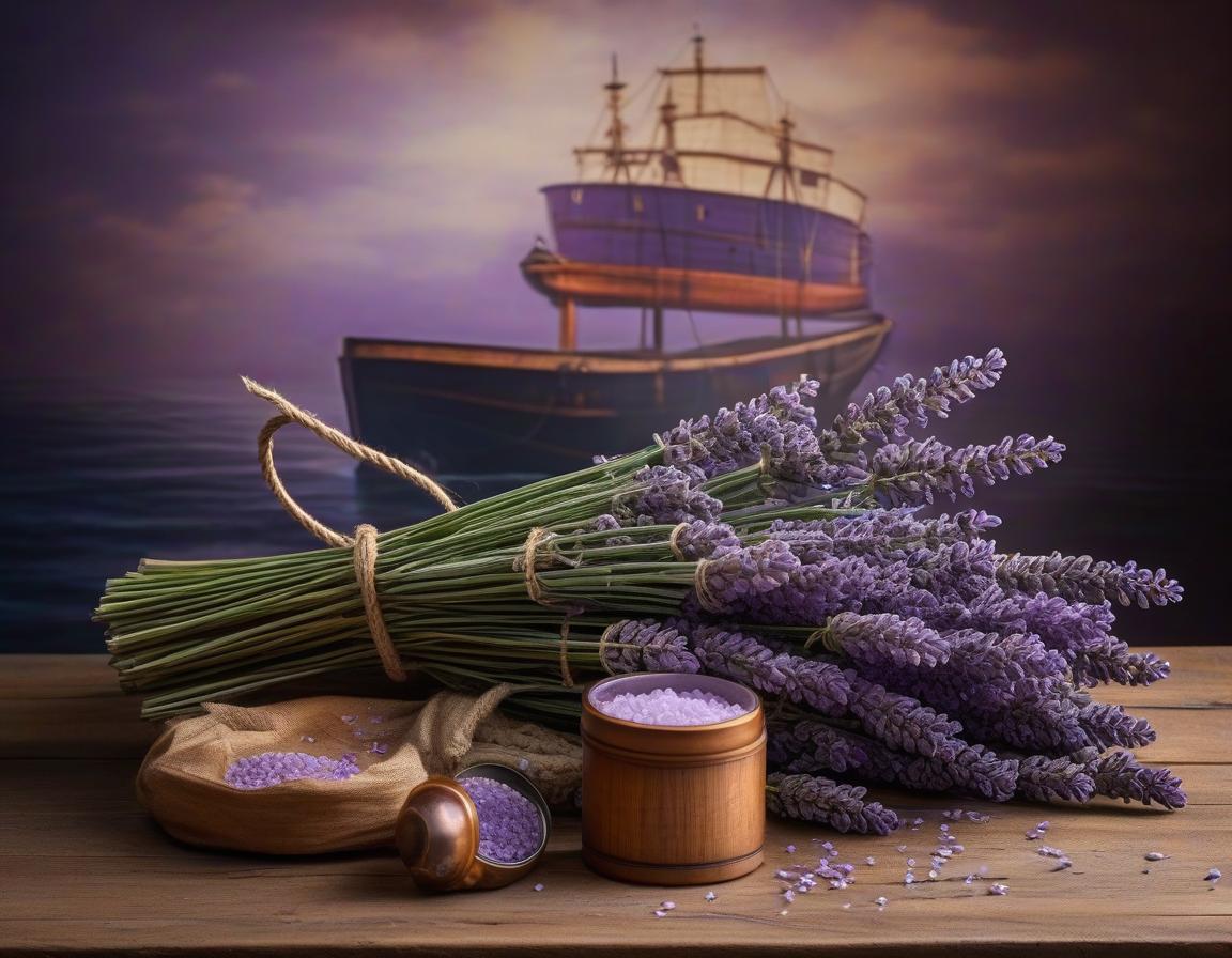  nautical themed Still life in Provence style. Highly detailed studio photo, clear photo, macro shot of colors. Bouquet of lavender, lying on the table next to it stands lavender essential oil, large chunks of lavender colored salt, still life, oil painting, thick brushstrokes. . sea, ocean, ships, maritime, beach, marine life, highly detailed hyperrealistic, full body, detailed clothing, highly detailed, cinematic lighting, stunningly beautiful, intricate, sharp focus, f/1. 8, 85mm, (centered image composition), (professionally color graded), ((bright soft diffused light)), volumetric fog, trending on instagram, trending on tumblr, HDR 4K, 8K