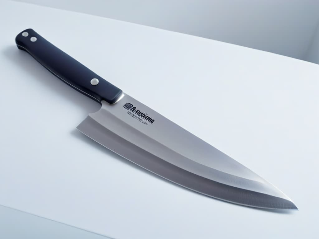  An ultradetailed image of a pristine, gleaming chef's knife with a sleek, ergonomic handle, set against a stark white background to emphasize its sharpness and precision, capturing every minute detail from the blade's razorsharp edge to the subtle reflections on its polished surface. hyperrealistic, full body, detailed clothing, highly detailed, cinematic lighting, stunningly beautiful, intricate, sharp focus, f/1. 8, 85mm, (centered image composition), (professionally color graded), ((bright soft diffused light)), volumetric fog, trending on instagram, trending on tumblr, HDR 4K, 8K