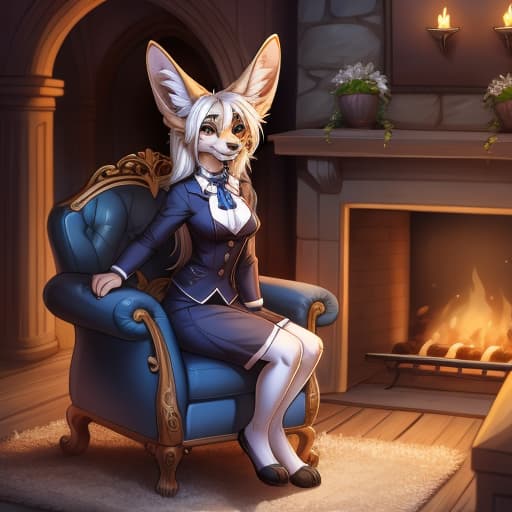  Solo, fennec, SS uniform, sit, armchair, castle, fireplace, by f-r95, open eyes, digital art, masterpiece, 4k, fine details,