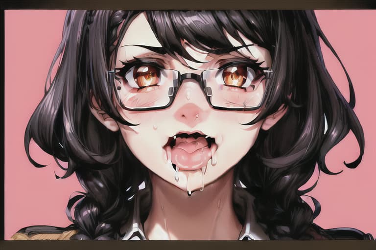  (((SFW))), detailed illustration of a woman, ((((hungry)))), ((((drooling)))), ((comical)), ((((funny)))), (((wavy mouth))), ((face closeup)), ((masterpiece)), highres, absurdres, ultra detailed, HD, 8K, wallpaper, ((jet black hair)), (((double braided hairstyle))), ((brown eyes)), ((perfect eyes)), prominent pupils, detailed eyes, detailed nose, detailed mouth, detailed hair, (((simple background))), ((((rectangular glasses with black frame)))), (large breasts), ((brown sweater)), embarassed expression, expressive eyes, ((perfect eyes)), (nice hands), (fine detail), prominent outline, sharp nose, (perfect eyes), expressive eyes, shiny lens, ((HD))