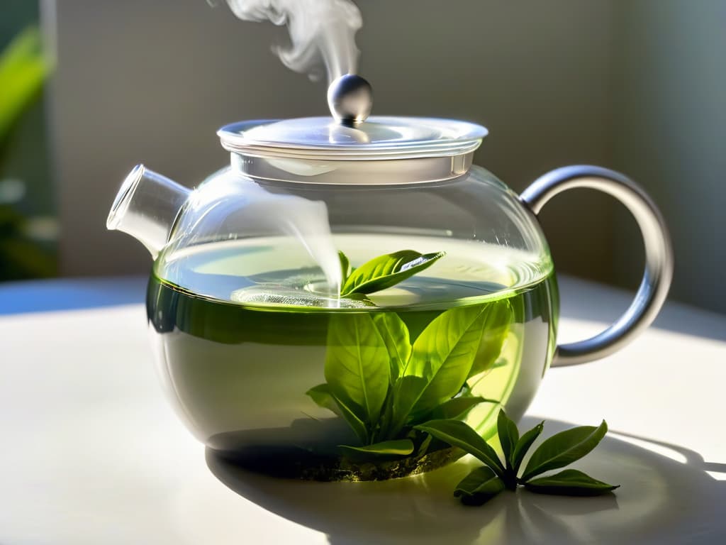  A closeup, highresolution image of a delicate green tea leaf unfurling in a clear glass teapot, with subtle steam rising from the infusion. The background is a soft focus, showcasing a serene and elegant setting, emphasizing the beauty and tranquility of the teamaking process. The play of light and shadow creates a calming and minimalist aesthetic, perfectly complementing the theme of the article on green teainfused desserts. hyperrealistic, full body, detailed clothing, highly detailed, cinematic lighting, stunningly beautiful, intricate, sharp focus, f/1. 8, 85mm, (centered image composition), (professionally color graded), ((bright soft diffused light)), volumetric fog, trending on instagram, trending on tumblr, HDR 4K, 8K