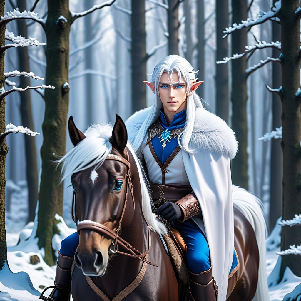  anime artwork A white haired elf man with blue eyes in a winter forest with a snow covered horse. . anime style, key visual, vibrant, studio anime, highly detailed hyperrealistic, full body, detailed clothing, highly detailed, cinematic lighting, stunningly beautiful, intricate, sharp focus, f/1. 8, 85mm, (centered image composition), (professionally color graded), ((bright soft diffused light)), volumetric fog, trending on instagram, trending on tumblr, HDR 4K, 8K