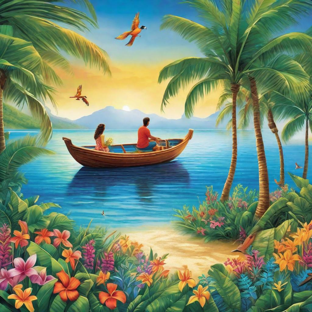  "Create a whimsical, child-friendly image of a young child and their mother on a small, idyllic-looking boat, sailing gently on calm, sapphire blue sea waters, leaving a small, lush, tropical island behind. The island is bursting with wildflowers of all colours, palm trees, and exotic birds, a symbol of their adventure. Both characters are giving a wistful, happy look back at the island. The child hugs a treasured, worn-out map symbolizing the lessons they learned in their hands. The mother has her arm lovingly wrapped around the child. The duo is nestled comfortably among a pile of small pieces of unique treasure they found - shells, pretty pebbles, a feather of a rare bird, symbolizing their precious memories. The sunset paints the sky wi hyperrealistic, full body, detailed clothing, highly detailed, cinematic lighting, stunningly beautiful, intricate, sharp focus, f/1. 8, 85mm, (centered image composition), (professionally color graded), ((bright soft diffused light)), volumetric fog, trending on instagram, trending on tumblr, HDR 4K, 8K