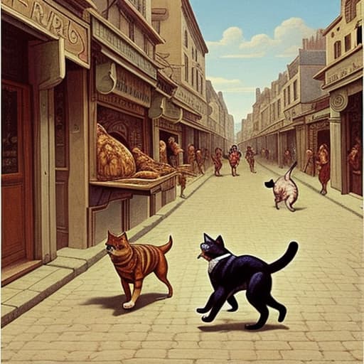  A dog and a cat running with a roast chicken in their mouths along a boulevard of merchants, curious details in the image