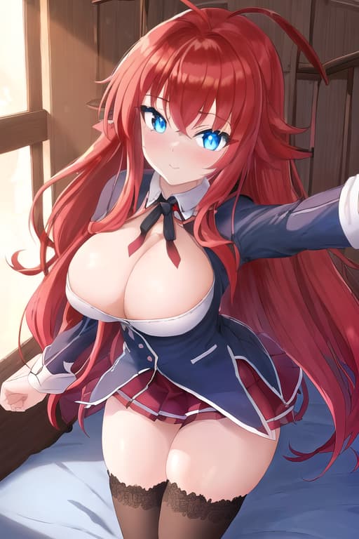  mive s,s,,g cup,on back,on bed,,legs ,arms outstretched for a hug,masterpiece, best quality, 1women, long red hair, looking at viewer, :3, cute, black uniform, outdoors, streets, cowboy shot, curvy, (((blue eyes))), rias gremory, red hair, antenna hair, wavy hair, ((beautiful detailed eyes, beautiful detailed glow, lots of glow)), anime screencap