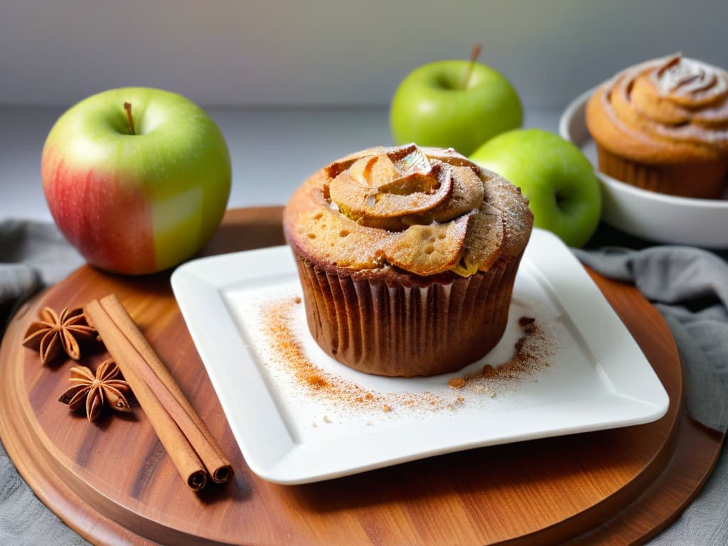  An 8k ultradetailed image of a perfectly goldenbrown sugarfree apple cinnamon muffin, sprinkled with a light dusting of cinnamon powder, sitting on a sleek, modern white plate against a soft, blurred background of fresh green apple slices and a few scattered cinnamon sticks. The muffin is delicately textured, showing off its moist interior dotted with small apple pieces, emitting a warm, inviting aroma. The lighting is soft and natural, enhancing the muffin's natural colors and the freshness of the ingredients. hyperrealistic, full body, detailed clothing, highly detailed, cinematic lighting, stunningly beautiful, intricate, sharp focus, f/1. 8, 85mm, (centered image composition), (professionally color graded), ((bright soft diffused light)), volumetric fog, trending on instagram, trending on tumblr, HDR 4K, 8K