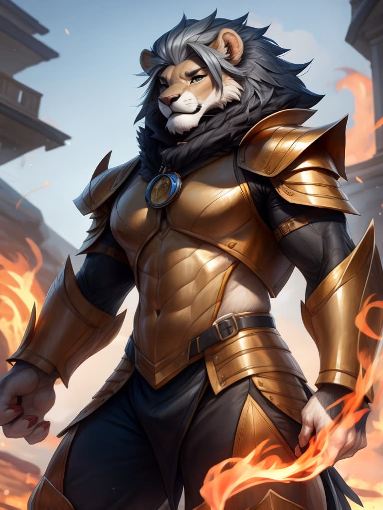  by bonifasko, by noctoc, by skygracer, photorealistic, anthro, male, lion, gray mane, standing, golden armor, surrounded by a flame aura, fireland, ultra detailed flame, ultra detailed armor, sfw, thick body, muscular body, open eyes, digital art, masterpiece, 4k, fine details,