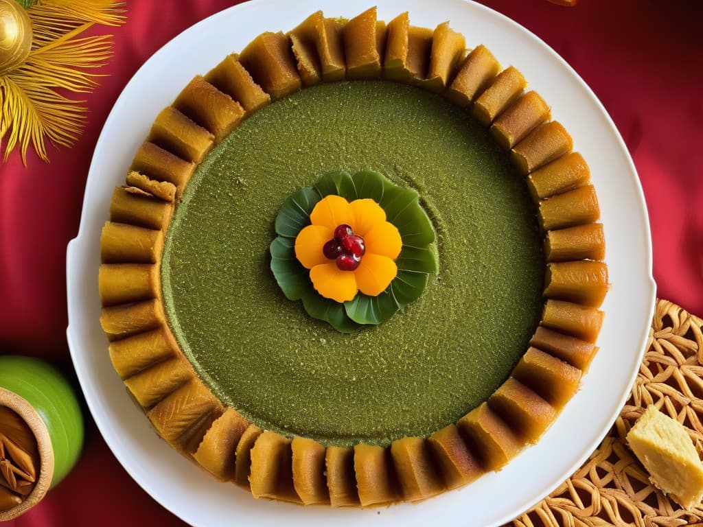  A highresolution, ultradetailed image of a beautifully arranged platter of traditional Ethiopian desserts, showcasing a variety of colorful and intricately designed sweet treats such as dabo kolo, baklava, and besbousa. Each dessert is meticulously presented on delicate ceramic plates with vibrant garnishes, all set against a backdrop of rich Ethiopian cultural motifs subtly integrated into the table setting. The lighting is soft yet highlighting the textures and details of each dessert, creating a visually stunning and appetizing scene that encapsulates the essence of Ethiopian sweet delicacies. hyperrealistic, full body, detailed clothing, highly detailed, cinematic lighting, stunningly beautiful, intricate, sharp focus, f/1. 8, 85mm, (centered image composition), (professionally color graded), ((bright soft diffused light)), volumetric fog, trending on instagram, trending on tumblr, HDR 4K, 8K