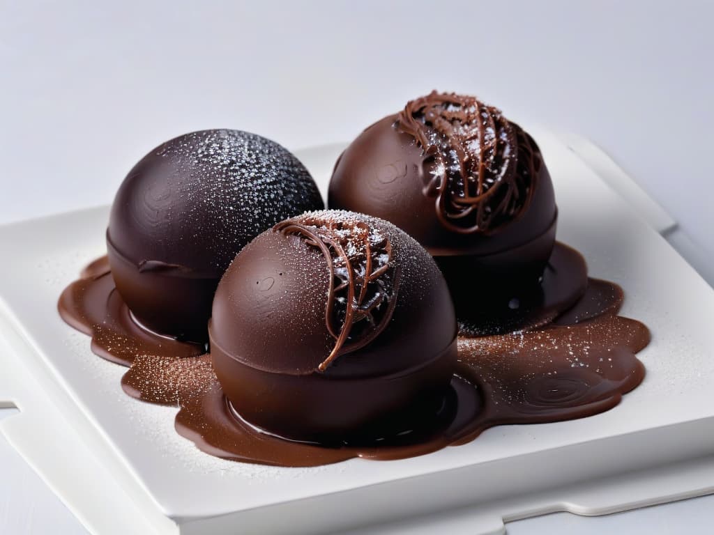  A closeup, ultradetailed image of a perfectly crafted keto chocolate bonbon, showcasing its smooth, glossy exterior with intricate swirls and a sprinkle of sea salt on top. The bonbon is elegantly placed on a sleek, modern plate, set against a stark white background that highlights its rich dark color and luxurious texture. Each detail, from the delicate ridges on the chocolate shell to the tiny crystals of salt, is crystal clear and inviting, tempting the viewer with its exquisite craftsmanship and mouthwatering appeal. hyperrealistic, full body, detailed clothing, highly detailed, cinematic lighting, stunningly beautiful, intricate, sharp focus, f/1. 8, 85mm, (centered image composition), (professionally color graded), ((bright soft diffused light)), volumetric fog, trending on instagram, trending on tumblr, HDR 4K, 8K