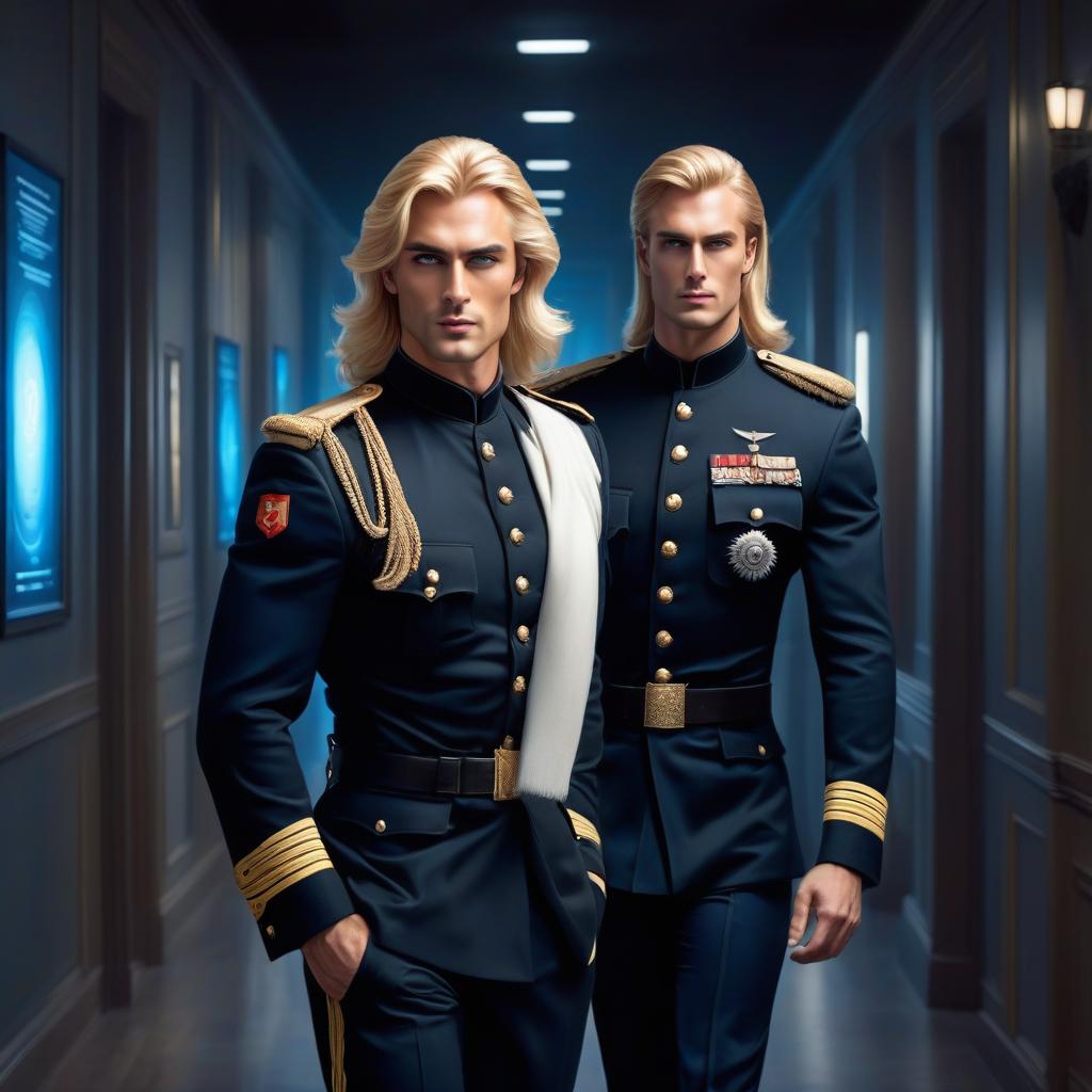  Realistically, beautiful man blonde, The man's ears are foxlike, long hair, the man has yellow eyes, and he wears trousers in a black military uniform and walks down a corridor lit with blue spotlights, crossed arms, a sharp focus, bright and defined eyes, well drawn details, bright and lively eyes, beautiful portrait illustration, portrait in the style of fantasy, blue and white flashes, bright colors, bright eyes, fantastic art, elaborate design, super detailed, sharp focus, 8k, high resolution, elegant. hyperrealistic, full body, detailed clothing, highly detailed, cinematic lighting, stunningly beautiful, intricate, sharp focus, f/1. 8, 85mm, (centered image composition), (professionally color graded), ((bright soft diffused light)), volumetric fog, trending on instagram, trending on tumblr, HDR 4K, 8K