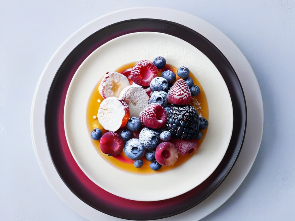  A highresolution, minimalist image of a beautifully plated fermented dessert, showcasing intricate layers of creamy yogurt parfait, tangy kombucha jelly, and a delicate sprinkle of fermented berries on top. The dessert is elegantly presented on a sleek, modern plate with a subtle dusting of powdered sugar, set against a clean, white background that emphasizes the vibrant colors and textures of the fermented ingredients. hyperrealistic, full body, detailed clothing, highly detailed, cinematic lighting, stunningly beautiful, intricate, sharp focus, f/1. 8, 85mm, (centered image composition), (professionally color graded), ((bright soft diffused light)), volumetric fog, trending on instagram, trending on tumblr, HDR 4K, 8K