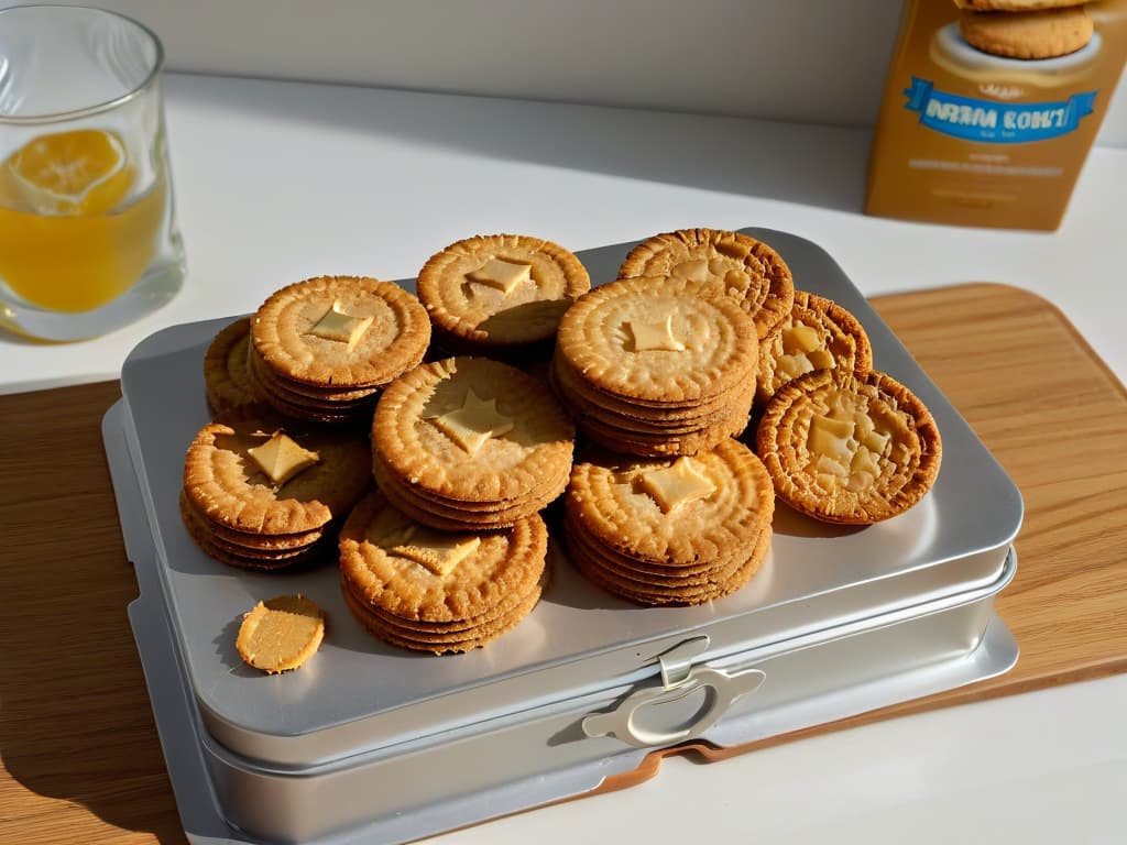  A minimalistic image of a vintage metal tin filled with freshly baked Anzac Biscuits, showcasing their goldenbrown, crunchy texture and delicious aroma. The tin is set against a simple, clean background to emphasize the traditional and timeless aspect of this iconic Australian treat. hyperrealistic, full body, detailed clothing, highly detailed, cinematic lighting, stunningly beautiful, intricate, sharp focus, f/1. 8, 85mm, (centered image composition), (professionally color graded), ((bright soft diffused light)), volumetric fog, trending on instagram, trending on tumblr, HDR 4K, 8K