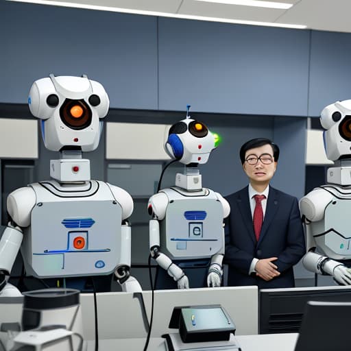  Dr. Li, Dr. Wang, and Dr. Sun are next to the laboratory, where robots and robots speak. The three doctors are shocked by the spacious laboratory，