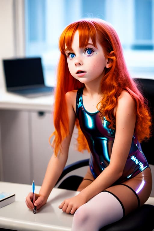 modelshoot style A amber haired youngest tiny  tween  in a shiny clear plastic see-through leotard lying on a medical examination table with her   open