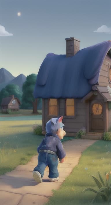  {Max walking back towards the cozy little house with droopy eyes, as twilight falls, The big blue dog is large with sky blue fur, big round eyes, a black nose, and floppy ears.