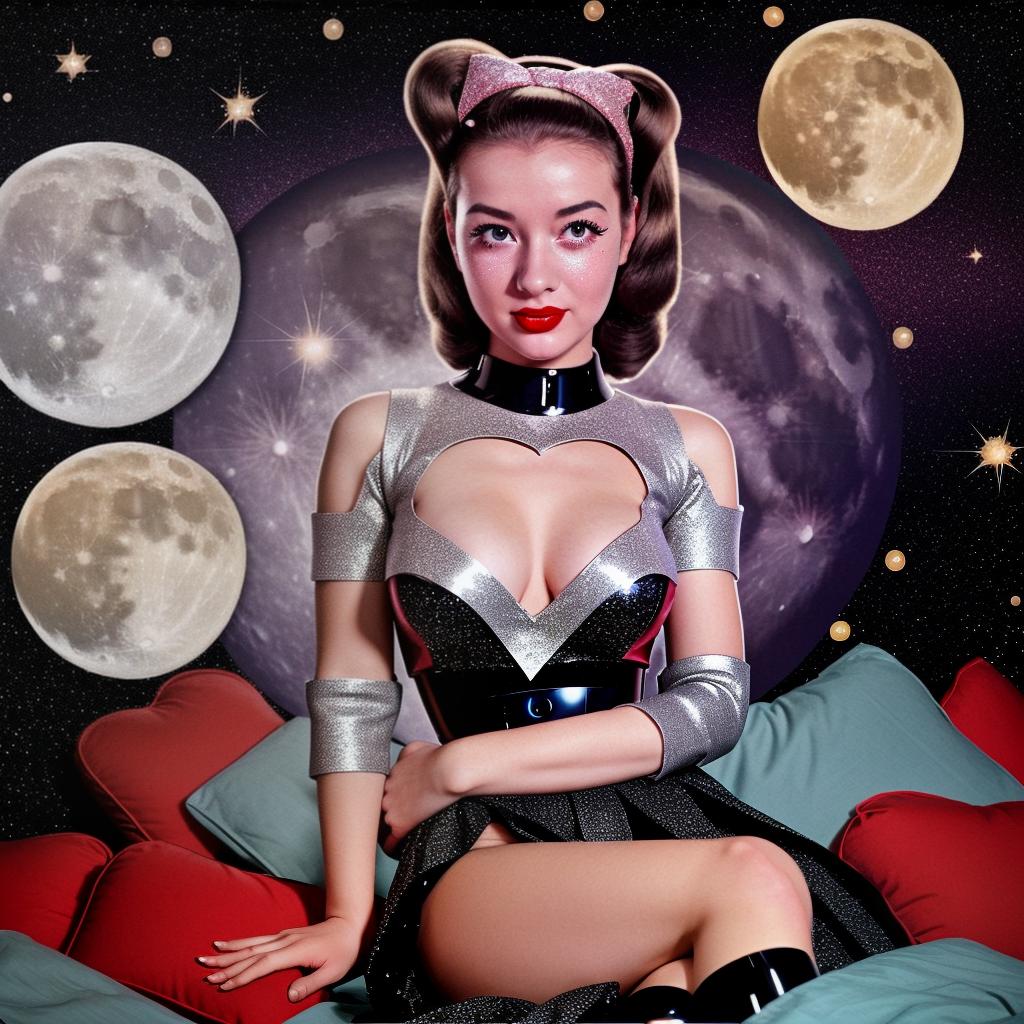  style robot woman in 1950s, collage style, end of the world, moon, stars, hearts, glitter