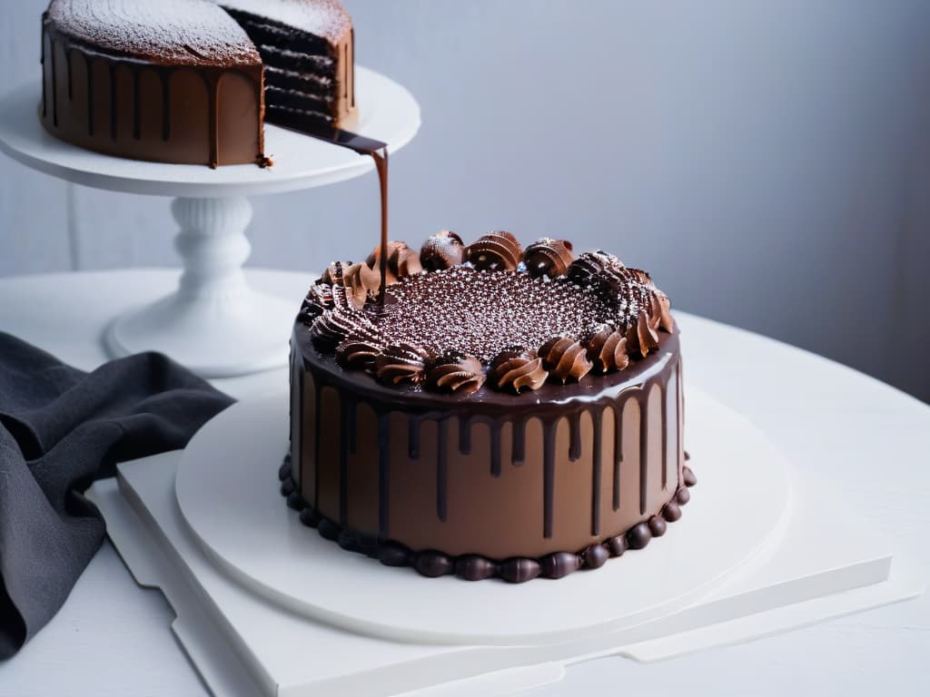  A closeup, highresolution image of a glossy, perfectly emulsified chocolate ganache being drizzled over a decadent cake, showcasing the smooth texture and rich color of the emulsion. The contrast between the dark chocolate and the light cake creates a visually striking and appetizing composition, perfect for conveying the essence of superiorlevel emulsions in pastry making. hyperrealistic, full body, detailed clothing, highly detailed, cinematic lighting, stunningly beautiful, intricate, sharp focus, f/1. 8, 85mm, (centered image composition), (professionally color graded), ((bright soft diffused light)), volumetric fog, trending on instagram, trending on tumblr, HDR 4K, 8K