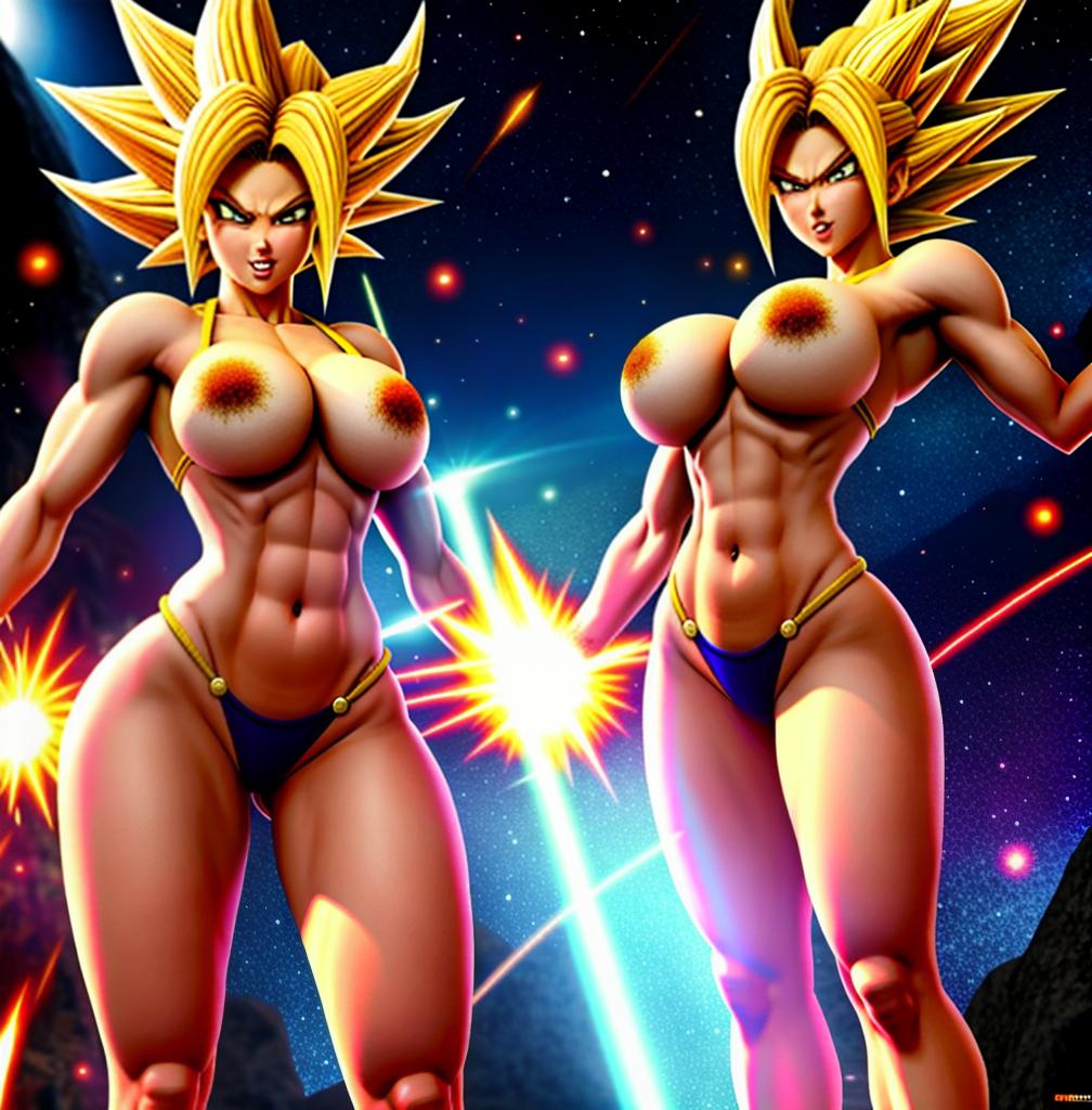  ((foto de cuerpo completo, pie plano, cuerpo recto)), ((laura {Super Super Saiyan mujer con grandes pechos})), ((lleva puesto son goku+Los disfraces de ella son extremadamente ajustados a su cuerpo.))