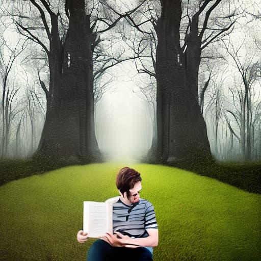 dublex style drawing, b&w, man in glasses, reading book, nature inside the man