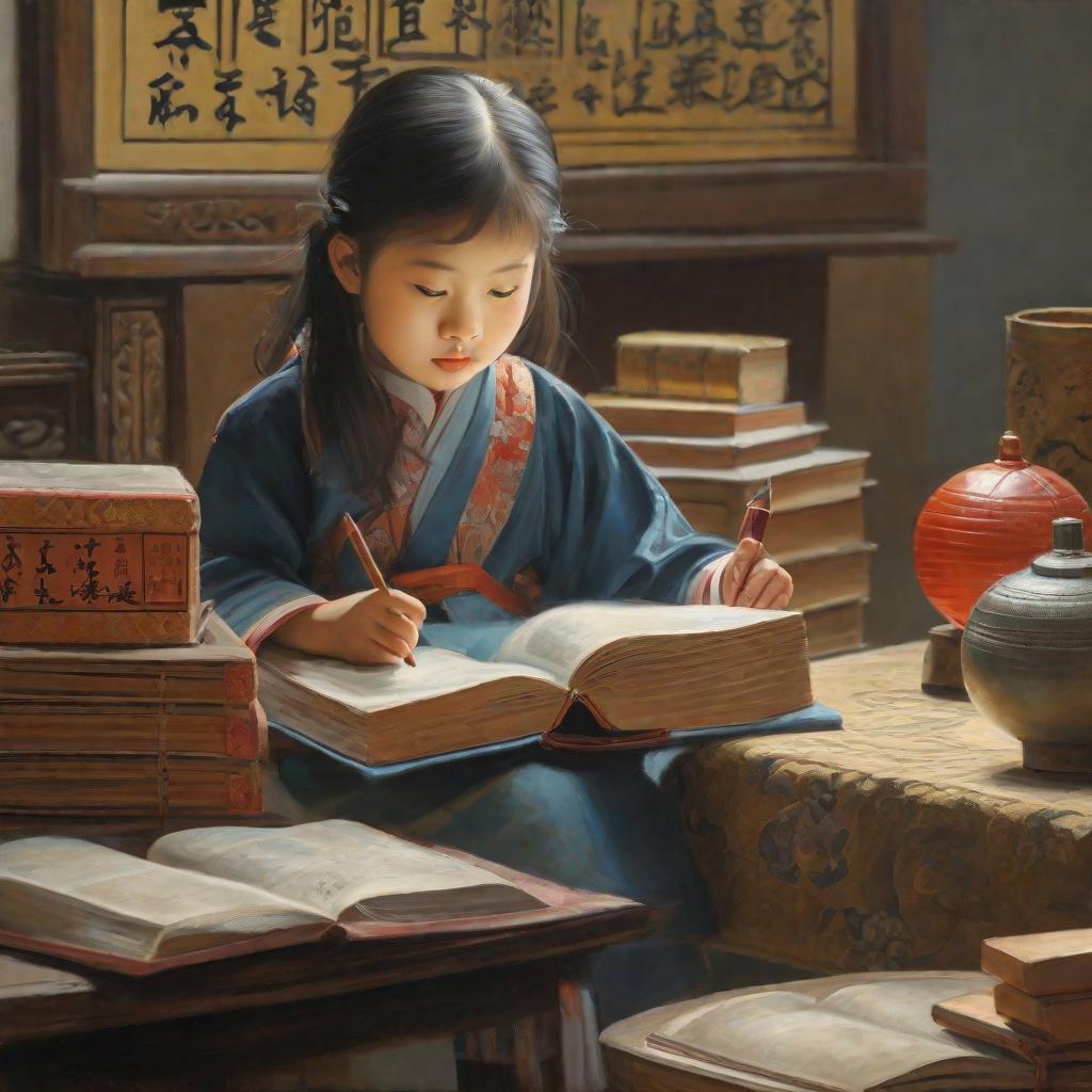  Masterpiece, best quality, Chinese little girl studying