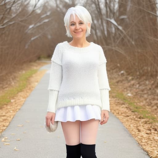  white hair, snow, knit sweater dress, one white leggings, short frilly hair, innocent, beautiful, cute