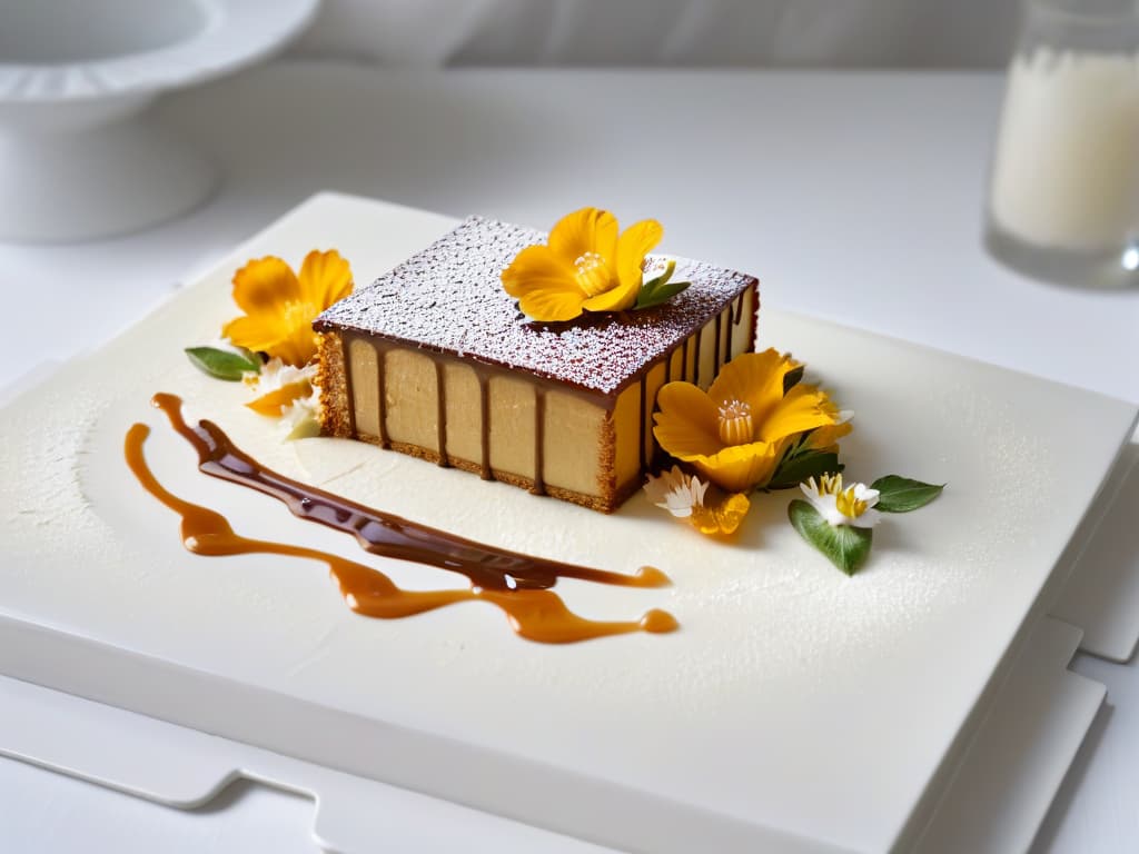  A closeup, ultradetailed image of a perfectly crafted, intricately designed sustainable dessert made with organic ingredients, beautifully displayed on a simple, elegant white plate. The dessert is adorned with delicate edible flowers and drizzled with a glossy, golden caramel sauce, showcasing the artistry and creativity of sustainable baking. The image captures the fine details of the dessert, highlighting the textures, colors, and exquisite presentation that epitomize the essence of sustainable pastry artistry. hyperrealistic, full body, detailed clothing, highly detailed, cinematic lighting, stunningly beautiful, intricate, sharp focus, f/1. 8, 85mm, (centered image composition), (professionally color graded), ((bright soft diffused light)), volumetric fog, trending on instagram, trending on tumblr, HDR 4K, 8K