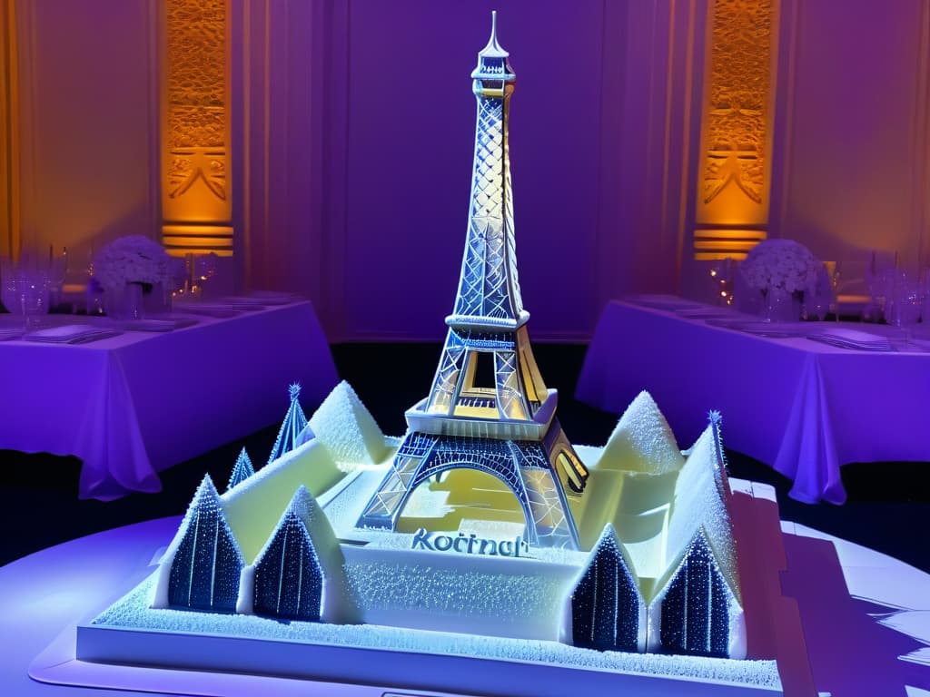  An 8k ultradetailed image of a sleek, minimalistic sugar sculpture centerpiece for a special event. The sculpture is a stunning, intricate replica of a famous landmark, such as the Eiffel Tower, intricately crafted with delicate sugar details that sparkle under soft lighting. The background is elegantly blurred to keep the focus on the exquisite sugar artwork, showcasing the craftsmanship and artistry involved in creating such a masterpiece. hyperrealistic, full body, detailed clothing, highly detailed, cinematic lighting, stunningly beautiful, intricate, sharp focus, f/1. 8, 85mm, (centered image composition), (professionally color graded), ((bright soft diffused light)), volumetric fog, trending on instagram, trending on tumblr, HDR 4K, 8K