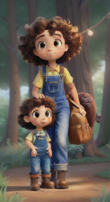  {The tree shining brightly and releasing a gentle, magical light., Riley, a curious with big brown eyes and curly hair, wearing overalls and carrying a small backpack. Their friend, Skye, a bluebird with shiny feathers.