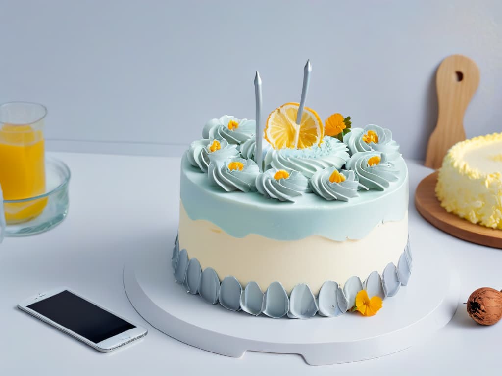  A highresolution, minimalist image of a sleek, modern kitchen filled with digital baking tools like a computer with design software, a tablet displaying intricate cake designs, and a smartphone with recipe apps open. The color scheme is a calming blend of white, grey, and soft pastels, emphasizing the fusion of traditional baking with digital technology in a professional and inspiring setting. hyperrealistic, full body, detailed clothing, highly detailed, cinematic lighting, stunningly beautiful, intricate, sharp focus, f/1. 8, 85mm, (centered image composition), (professionally color graded), ((bright soft diffused light)), volumetric fog, trending on instagram, trending on tumblr, HDR 4K, 8K