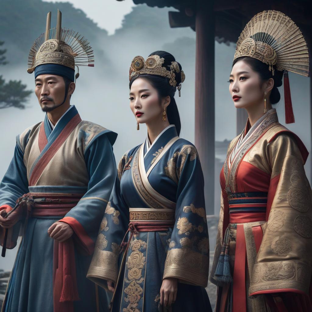  Three Royal Dynasties of Ancient Korea hyperrealistic, full body, detailed clothing, highly detailed, cinematic lighting, stunningly beautiful, intricate, sharp focus, f/1. 8, 85mm, (centered image composition), (professionally color graded), ((bright soft diffused light)), volumetric fog, trending on instagram, trending on tumblr, HDR 4K, 8K