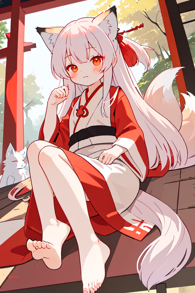   , , long hair, feet, fox shrine maiden