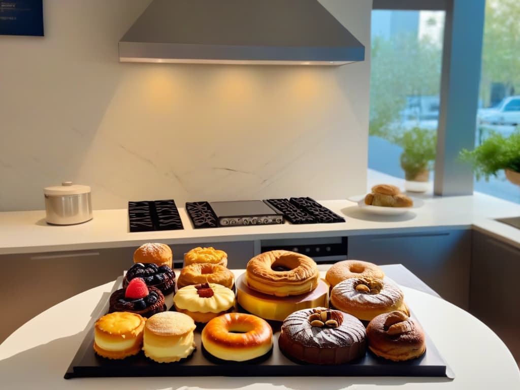  An image of a sleek, modern kitchen with a marble countertop displaying an assortment of freshly baked pastries and desserts under soft, diffused lighting. The warm glow highlights the textures and colors of the treats, casting gentle shadows to create a visually appealing composition. The minimalist design of the kitchen enhances the focus on the artful presentation of the desserts, making them appear even more delectable and inviting. hyperrealistic, full body, detailed clothing, highly detailed, cinematic lighting, stunningly beautiful, intricate, sharp focus, f/1. 8, 85mm, (centered image composition), (professionally color graded), ((bright soft diffused light)), volumetric fog, trending on instagram, trending on tumblr, HDR 4K, 8K