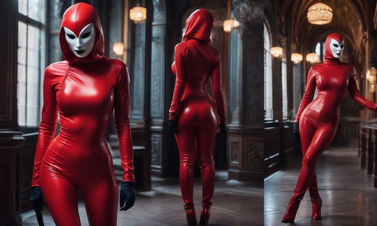  cinematic film still 4K, Strict Monk, full height, pale skin, brightly painted eyes, puffy lips, in a brilliant red latex suit tightly hugging her body. On her head, a tightly fitting white mask covering her entire head and face. The mask tightly hugs the entire face. White gloves on her hands. High heeled white boots, red corset, (dark shot: 1.17), epic realistic, dull, (neutral colors), artistic, (hdr: 1.5), (muted colors: 1.2), with increased detail, (ArtStation: 1.5), cinematic, warm light, dramatic light, (complicated details: 1.1), complicated background, (Rutkovsky: 0.8), (blue and orange: 0.4), Detail, ((complicated details)), hdr, ((complicated details, highly detailed)) . shallow depth of field, vignette, highly detailed, high bu hyperrealistic, full body, detailed clothing, highly detailed, cinematic lighting, stunningly beautiful, intricate, sharp focus, f/1. 8, 85mm, (centered image composition), (professionally color graded), ((bright soft diffused light)), volumetric fog, trending on instagram, trending on tumblr, HDR 4K, 8K