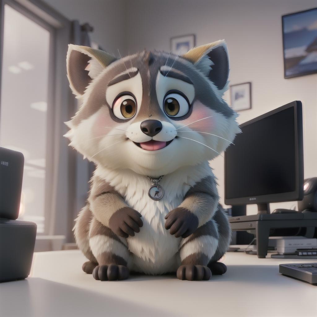  raccoon sitting in gaming chair front a computer on desktop, ((semi anthropomorphic)),(full body), tail, belly, sitting, fat, (chubby), (((white background))), solo, desktop, gaming chair, side view,  [[[clothes]]] hyperrealistic, full body, detailed clothing, highly detailed, cinematic lighting, stunningly beautiful, intricate, sharp focus, f/1. 8, 85mm, (centered image composition), (professionally color graded), ((bright soft diffused light)), volumetric fog, trending on instagram, trending on tumblr, HDR 4K, 8K