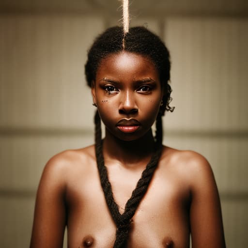 portrait+ style Very young black in , hands and feet tied with ropes, big s with pierced s, wide open and shaved 