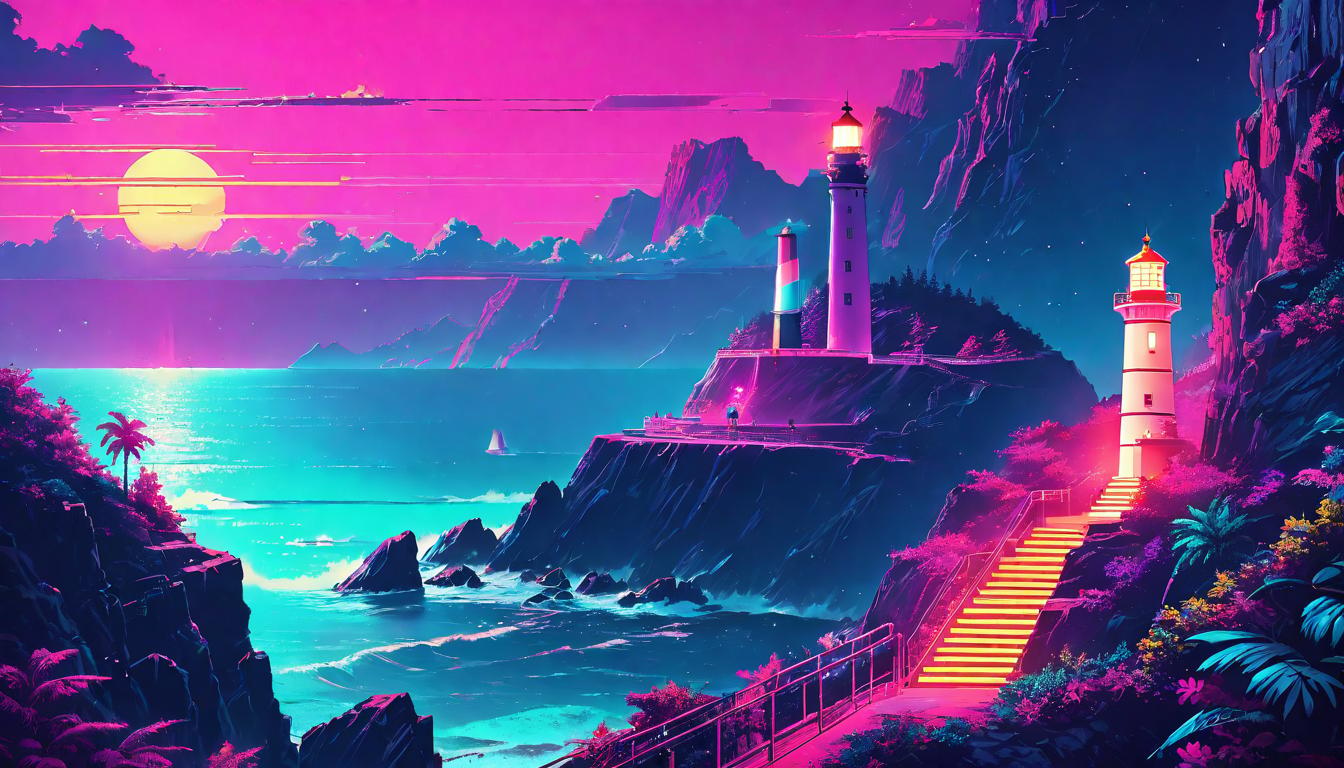  vaporwave,cyberpunk game style A lighthouse atop a cliff, its beam illuminating upward faces in the night, leadership and guidance, beacon of hope, inspiring collective elevationeon, dystopian, futuristic, digital, vibrant, detailed, high contrast, reminiscent of cyberpunk genre video games,retro aesthetic, cyberpunk, vibrant, neon colors, vintage 80s and 90s style, highly detailed