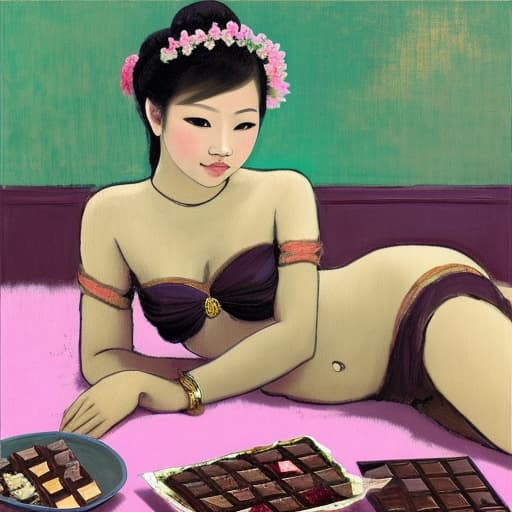  Attractive Beautiful young Thai reclining with moist pink open lips. Forground is plates of fine dark chocolates. Background is a Thai palace. Painting style of Edgar Degas