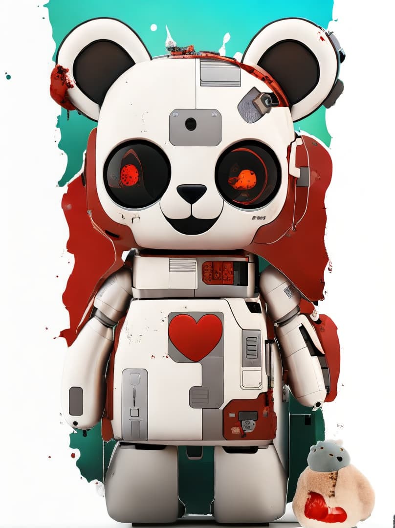  , a cute guilt robot bear, sticker, akira toriyama , white background,murder bear, bloody , dripping blood,bloody trump head on ground,giant realistic heart<lora:arcana-xl:0.9380552704105101><lora:neoclassicalmasterbedroom:0.5895297976427594><lora:japanese-modern-wood-inte:0.009435480412516073><lora:envybetterhands-loco:0.35833211775159257> hyperrealistic, full body, detailed clothing, highly detailed, cinematic lighting, stunningly beautiful, intricate, sharp focus, f/1. 8, 85mm, (centered image composition), (professionally color graded), ((bright soft diffused light)), volumetric fog, trending on instagram, trending on tumblr, HDR 4K, 8K