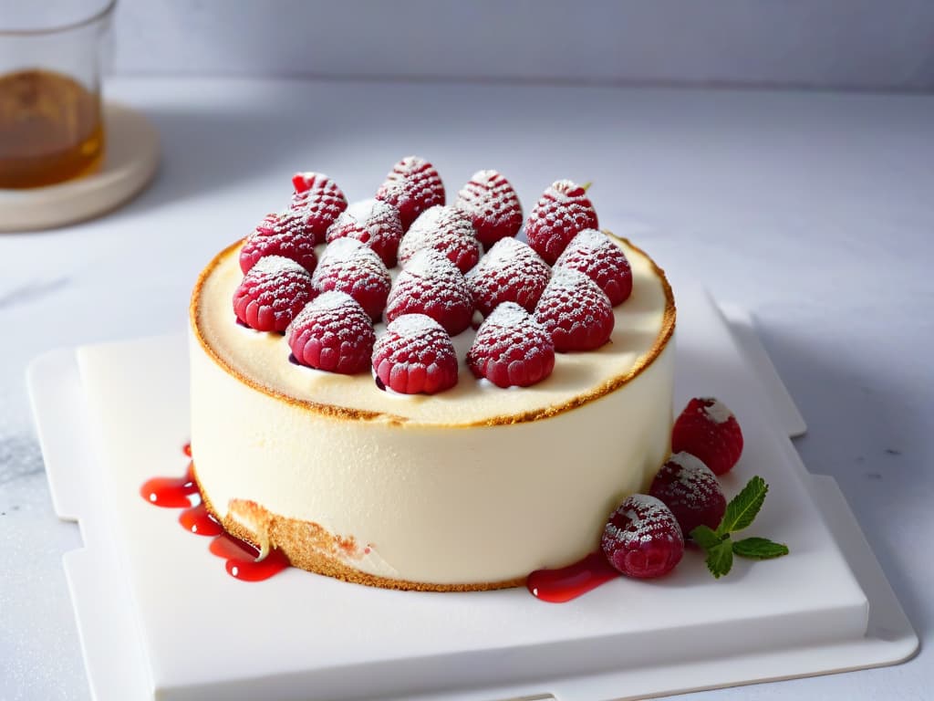  An ultradetailed, minimalist image of a perfectly baked New Yorkstyle cheesecake topped with a glossy layer of raspberry compote, surrounded by a scattering of fresh raspberries and mint leaves on a sleek marble countertop. The cheesecake is perfectly sliced to reveal its creamy texture and crumbly graham cracker crust, with a soft ambient lighting casting elegant shadows around the scene. hyperrealistic, full body, detailed clothing, highly detailed, cinematic lighting, stunningly beautiful, intricate, sharp focus, f/1. 8, 85mm, (centered image composition), (professionally color graded), ((bright soft diffused light)), volumetric fog, trending on instagram, trending on tumblr, HDR 4K, 8K