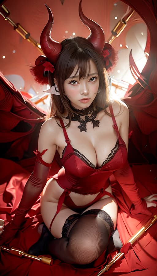  Red sexy lingerie, cute female college student, garter belt, knee high stockings, sexy, horns, background inflammation, red feather, (Masterpiece, BestQuality:1.3), (ultra detailed:1.2), (hyperrealistic:1.3), (RAW photo:1.2),High detail RAW color photo, professional photograph, (Photorealistic:1.4), (realistic:1.4), ,professional lighting, (japanese), beautiful face, (realistic face)