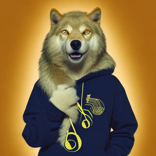 analog style Acean, a golden wolf furry, loves music. He has music notes on his left ear and a treble clef on his hoodie. Average clothes and average weight and height. Handsome, 17