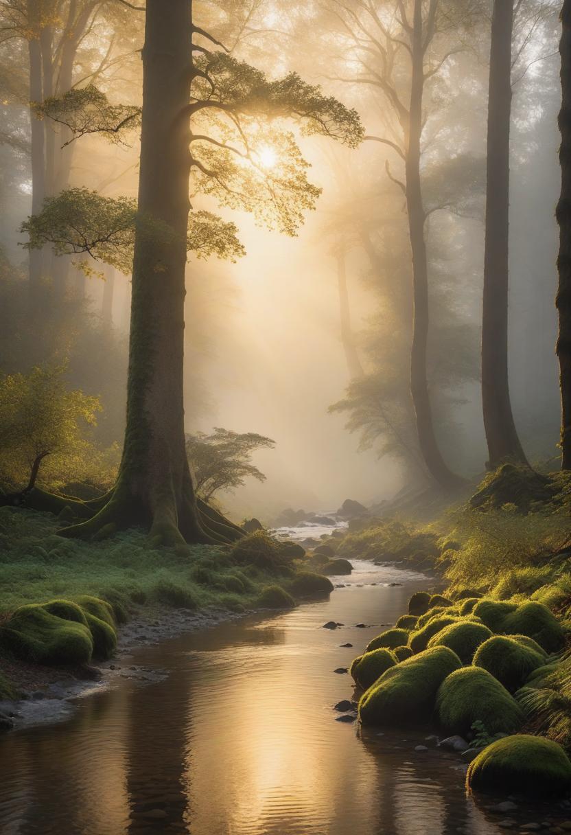  A serene, misty forest at dawn with tall, ancient trees and a winding stream reflecting the soft golden light. hyperrealistic, full body, detailed clothing, highly detailed, cinematic lighting, stunningly beautiful, intricate, sharp focus, f/1. 8, 85mm, (centered image composition), (professionally color graded), ((bright soft diffused light)), volumetric fog, trending on instagram, trending on tumblr, HDR 4K, 8K