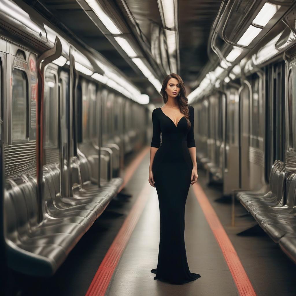  Sad beauty in black dress in the subway in the 2010s hyperrealistic, full body, detailed clothing, highly detailed, cinematic lighting, stunningly beautiful, intricate, sharp focus, f/1. 8, 85mm, (centered image composition), (professionally color graded), ((bright soft diffused light)), volumetric fog, trending on instagram, trending on tumblr, HDR 4K, 8K