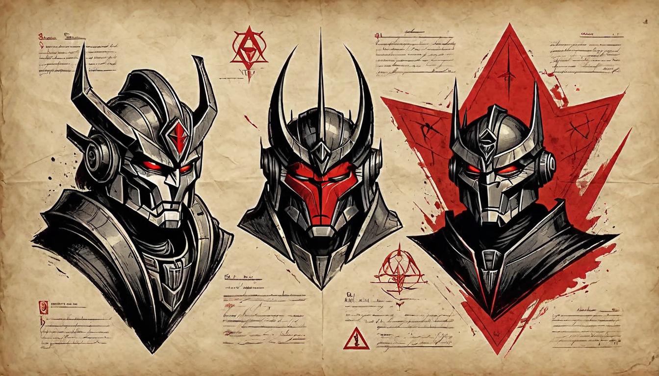  on parchment, surrealism+++, Key signs of decepticons, ominous symbols, red flags, warning signs, dark foreshadowing, alert and cautious, subtle yet noticeable(mysterious, provocative, symbolic,muted color)+++