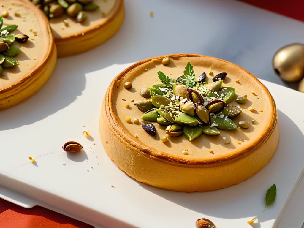  An 8k ultradetailed image of a perfectly goldenbrown Barazek cookie resting on a sleek, modern marble countertop. The cookie is adorned with a generous sprinkling of toasted pistachios and sesame seeds, showcasing its crunchy texture and nutty toppings in exquisite detail. The lighting is soft yet highlights the cookie's intricate pattern and the textures of the nuts, inviting the viewer to savor every delicious detail of this Middle Eastern treat. hyperrealistic, full body, detailed clothing, highly detailed, cinematic lighting, stunningly beautiful, intricate, sharp focus, f/1. 8, 85mm, (centered image composition), (professionally color graded), ((bright soft diffused light)), volumetric fog, trending on instagram, trending on tumblr, HDR 4K, 8K