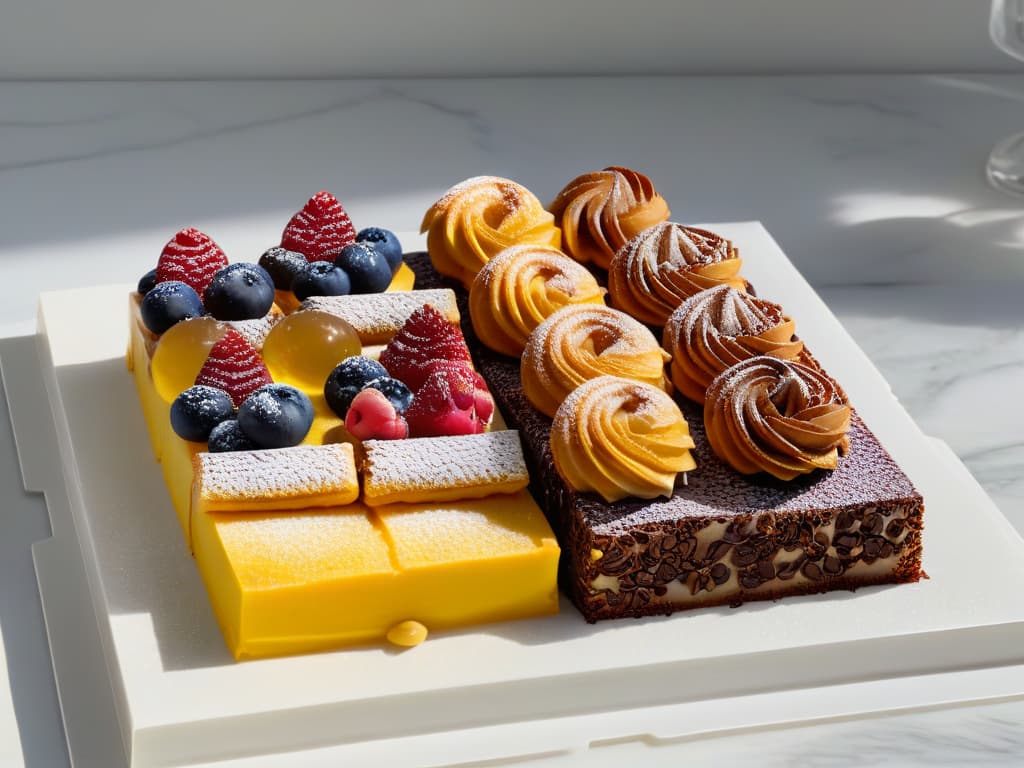  A highresolution photograph showcasing an elegant, minimalistic display of assorted boutique pastries on a sleek, marble countertop. Each pastry is meticulously crafted and delicately decorated, exuding a sense of sophistication and artistry. The pastries vary in color, shape, and texture, creating a visually striking composition that embodies the essence of boutique pastry trends. This image conveys a sense of luxury and refinement, appealing to the target audience interested in upscale dessert trends. hyperrealistic, full body, detailed clothing, highly detailed, cinematic lighting, stunningly beautiful, intricate, sharp focus, f/1. 8, 85mm, (centered image composition), (professionally color graded), ((bright soft diffused light)), volumetric fog, trending on instagram, trending on tumblr, HDR 4K, 8K