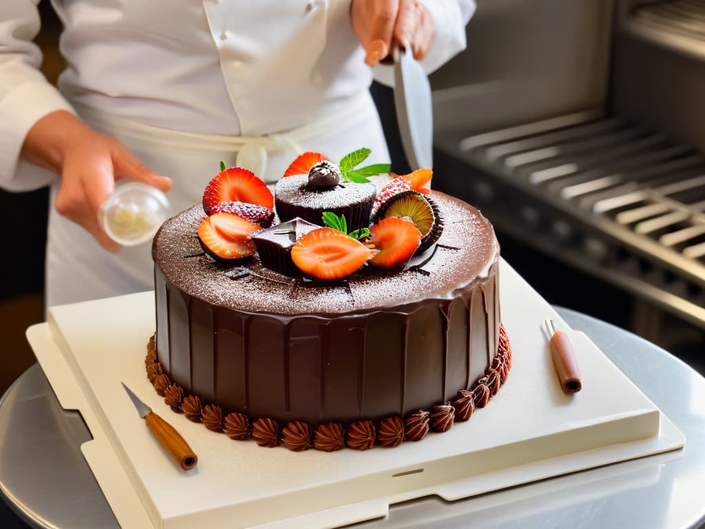  A photorealistic image of a skilled pastry chef meticulously decorating a decadent chocolate cake with intricate details using Fair Trade certified ingredients. The chef is focused and precise, with a serene expression, showcasing the artistry and craftsmanship involved in creating ethically sourced and delicious pastries. The background features a bustling bakery kitchen filled with highquality baking tools and ingredients, emphasizing the importance of Fair Trade certifications in the world of pastry making. hyperrealistic, full body, detailed clothing, highly detailed, cinematic lighting, stunningly beautiful, intricate, sharp focus, f/1. 8, 85mm, (centered image composition), (professionally color graded), ((bright soft diffused light)), volumetric fog, trending on instagram, trending on tumblr, HDR 4K, 8K